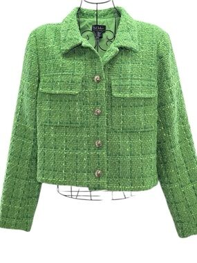 Nicole Miller Green Tweed Button-Front Cropped Spring Jacket, Size Medium